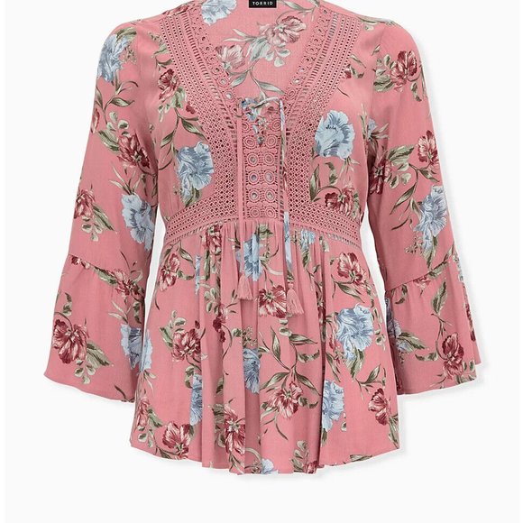 Torrid Dusty Coral Floral Crinkle Gauze Crochet Babydoll Top Size 3 3X H13239 - Picture 11 of 12